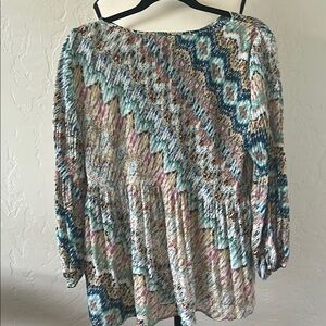 Spense Blue Tan Smocked 3/4 Sleeve Blouse